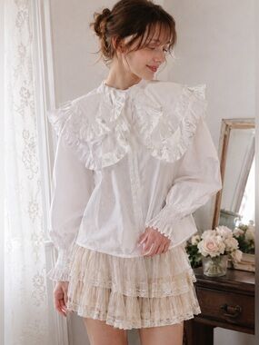 Japanese Coquette Ruffle Collar Blouse US L XL Cottagecore Romantic